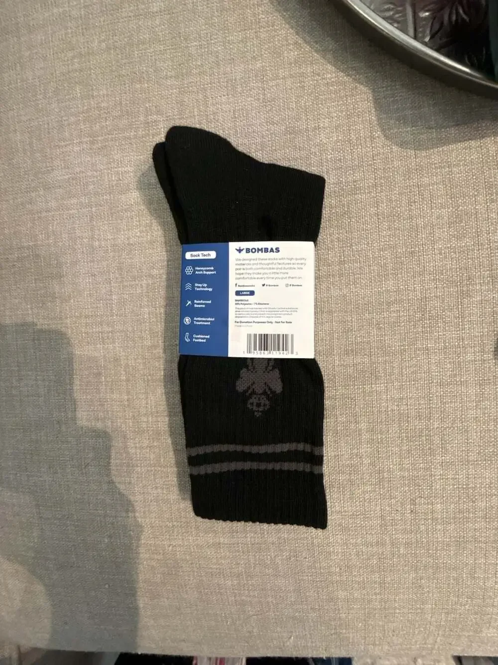 Bombas Performance Cushioned Crew Socks Black with Grey Stripes Size Large